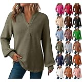 damen sweatshirt Sweatshirt Waffel Pullover V Ausschnitt Sweatshirts Einfarbig Elegant Langarmshirt Freizeit Oberteile Baumwolle Langarm Tops Herbst Outfits pullover mit v ausschnitt damen oversize