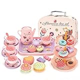 LUFEIS Teeservice Kinder, Tee Party Set, Puppengeschirr Metall, Holz Tee Set Kinder, Girls Tea Set für Kinder mit Koffer, Pretend Spielen Lebensmittel Küchenspiele Set für Jungen Mädchen ab 3 Jahre