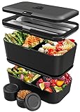 Umami Lunchbox Erwachsene, Verschachtelbar Auslaufsichere Bento Box mit 4 Bestecke & Fächern, Brotdose Erwachsene, Salatbehälter To-Go, Lunch Box für Picknick/Büro, Schwarzer Onyx, 1500 ml