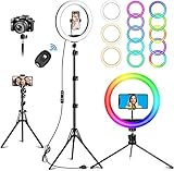 Ringlicht mit Stativ Handy, 10.2 Zoll Ringleuchte mit 63 Zoll Stativ für die Kamera Dimmbare LED Tischringlicht 29 RGB-Modi Ring Light mit Handystativhalter für Selfie YouTube TikTok Makeup Fotografie