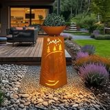 etc-shop Dekosäule Pflanzenschale Blumenschale Gartendeko Außenlampe Pflanzsäule mit Stanzungen, Metall Rost, Akku enthalten Timer, 1x LED warmweiß, H 59 cm