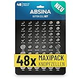 ABSINA 48er Pack Alkaline & Lithium Knopfzellen - 4X AG1 / 4X AG3 / 8X AG4 / 8X AG10 / 8X AG13 / 4X CR2016 / 4X CR2025 / 8X CR2032-1,5V & 3V Knopfzelle Sortiment auslaufsicher - Knopfbatterien