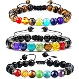 Aieraczy 7 Chakren Armband, 3 Stück 7 Chakra Armband Echte Steine, Yoga Armband, Heilsteine Armband, Natürliche Lavastein Edelstein Armbänder, Healing Reiki Energietherapie für Damen Herren