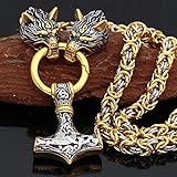 QZY Gold & Silber Wolf König Kette Mit Mjolnir Halskette, Männer Nordischen Wikinger Amulett Anhänger Thor Hammer - Große Byzantinische Kette,Round,60CM 24 INCHES