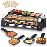 FOHERE Raclette Grill, Drehbarer Raclette 8 Personen mit Antihaftbeschichteter Backplatte und 8 Käseplatten, 1400 W, Edelstahl matt, ideal für Zuhause und Partys