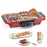 Elektrogrill Tischgrill elektrisch, Elektrischer BBQ-Grill, rauchloser Non-Stick Innen-/Outdoor-Grill, 2000W Doppelröhre tragbarer abnehmbarer Standgrill der hohen Leistung (Klassisches Rot)