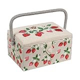 Hobby Gift Exclusive Mittelgroße Nähhandwerk-Bastel-Aufbewahrungsbox, Zubehörablage, Nadelkissen, Tasche, PVC-Griff, bestickter Deckel, 18,5 x 25,5 x 14,5 cm, Bestickte Erdbeeren