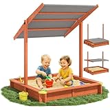 Spielwerk® Sandkasten Sami Sonnendach 120x120cm imprägniertes Holz Füllstand Skala UV 50+ Kantenschutz Bodenvlies Sandspielzeug Kinder Sandbox Sandkiste