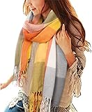 heekpek Damen Kariert Oversized Kaschmir Schal Lange Winterschal Weich Wraps Groß Karo Fransen Schal Warm Schal für Herbst Winter, Orange und gelb