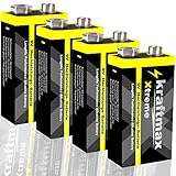 4er Pack kraftmax Xtreme 9V Block Hochleistungs- Batterien ideal für 10 Jahres Rauchmelder - 6LR61 9 Volt Longlife Blockbatterie mit maximaler Lebensdauer