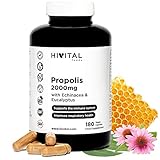 Propolis 2000 mg. 180 vegane Kapseln für eine 6-monatige Kur. Extrakte aus Propolis mit 10% Galangin, Echinacea mit 4% Polyphenolen und Eukalyptus. Hergestellt von HIVITAL
