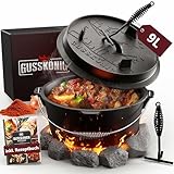 GUSSKÖNIG Dutch Oven Set [9L] - Eingebrannter Feuertopf mit praktischem Deckelheber und Füßen