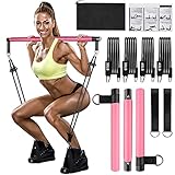 Qicool Pilates bar kit,Pilates Stangen Übungsstock Set mit 4 Widerstandsbändern-2x30lbs,2x40lbs,Tragetasche,Trainings-Widerstandsbänder mit Fußschlaufe für Beine,Hüfte,Taille und Arm (Rosa)