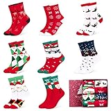 Fixget Weihnachtssocken für Damen und Herren, 8 Paare Unisex Kuschelsocken Winter Socken Baumwollsocken Festliche Socken für die Familie