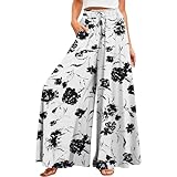 Weite Hose Damen Elegant Blumenmuster Weite Beinhose High Waist Lose Herbst Palazzo Hose Dehnbar Lounge Lang mit Taschen,Schwarz,XL