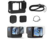 Silikon Schutzhülle für Go pro Hero 12 / Hero 11 / Hero 10 / Hero 9 Schwarz, Objektivabdeckung, Display-Schutzfolie und Tragband für Kamera – Stoßfest, Kratzfest, Anti-Rutsch