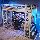 Merax Kinderbett Hochbett 90x200cm, Hochbett mit Schreibtisch, Treppe und Stauschrank, Multifunktionsbett Jugendhochbett mit LED und USB, Ohne Matratze, Weiß, 227,5x95x180 cm