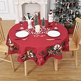 Abwischbare Weihnachts-Tischdecke rund – Wasserabweisendes Polyester, pflegeleicht – Mit Girlanden- & Weihnachtsblumen-Muster – Für Küche, Esszimmer & Picknick – Rot – 152 cm Durchmesser (60” rund)