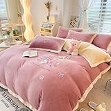 Qvo Verdickter Milchsamt, Vierteiliges Set, Bestickt, Prinzessinnen-Stil, Neu, Hautfreundlich, Warm, Winter-bettbezug, Doppelseitiger Samt(Color:Rosa)