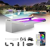 LONGRUN Edelstahl Wasserfall Überlauf, APP Kontrolle Multi-Farben LED-Licht Draussen Pool Brunnen, Koi Teich Wasserfälle Brunnen Kit für Garten Terrasse Pool Dekoration-30x20x10cm