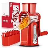 SUSTEAS Käsereibe mit Kurbel - Reibe für Gemüse mit 5 Trommelblättern, Starkem Saugfuß, Gemüseschneider,ideal für Käse,Gurken, Karotten,Nüsse,Gemüse usw, mit Klingenaufbewahrungsbox (Rot)