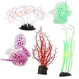 plplaaoo Leuchtende Korallenpflanzen-Ornamente, 5-teiliges Set aus künstlichen Silikon-Aquariendekorationen für Fischbecken, Riff- und Meereslandschaften, mit lebendigen LED-Lichteffekten
