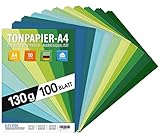 100 Blatt TONPAPIER - Papier DIN A4 - 130g/m² Set 10 Farben – Stabil Bastelpapier & Farbige Blätter, Kinder & DIY Bogen, Zubehör Marine - Grün - Gras - Blau Ozean - Natur farbend zum Basteln & Drucken