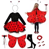 IKALI Marienkäfer Kostüm Mädchen Kleid mit Flügeln, Haarreif, Zauberstab Zubehör Kinder Karneval Fasching Verkleidung 3-10 Jahre