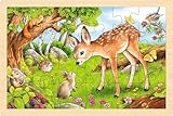 goki 57325 - Einlegepuzzle Rehkitz und Waldbewohner aus Holz– Fördert Fantasie und Feinmotorik bei Kindern, 30cm x 20cm, 24-er Set, ab 3 Jahre
