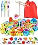 Jojoin 2 in 1 Fädelspiel Montessori Spielzeug - 46 Psc Magnetisches Angelspiel Spiele ab 2 3 Jahre - Obst GemüSe Tiere Holzspielzeug - Lernspiele Motorikspielzeug Geschenk für Kinder