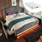 BENMWS Polsterbett,Doppelbett,140×200cm,mit 4 Schubladen,LED-Beleuchtung und USB-C-Ladeanschluss, Stauraumbett und Jugendbett mit Lattenrost,Samt,Grau(Mit Matratze)
