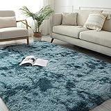 Weicher, zotteliger Teppich, 180 x 180 cm, luxuriöser rutschfester Fellteppich, Farbverlauf, Design für Wohnzimmer, Balkon und Arbeitszimmer, gemütliche, blaue Plüsch-Bodenmatte