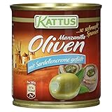 Kattus Spanische grne Manzanilla Oliven, mit Sardellencreme gefllt, 85 g