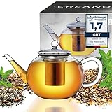 Creano Teekanne aus Glas 1,2l, 3-Teilige Glasteekanne mit Integriertem Edelstahl-Sieb und Glas-Deckel, Ideal zur Zubereitung von Losen Tees, tropffrei, All-in-One