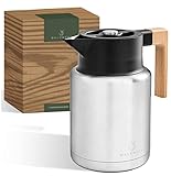 WALDWERK Thermoskanne (1,4L) - Kaffeekanne aus doppelwandigem 304 Edelstahl mit edlem Holzgriff - Isolierkanne mit tropffreiem Ausguss - Kaffeekanne Thermo