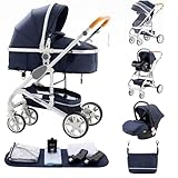 ALYIKOU Kinderwagen 3 in 1 Kombikinderwagen bis 25 kg Zusammenlegbar Reise-System Aluminiumrahmen für Neugeborene schwarz (739 Blau)