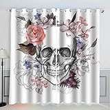 VASENA Skelett, Gothic, Thermovorhang, kälteisolierend, 2 Stück, Vorhänge, Schädel und Blumen, blickdicht, 3D-Druck, moderner Druck, Wohnzimmer, Schlafzimmer, Akustikvorhänge (183 x 214 cm)