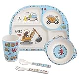 Kindergeschirr Set, 5er Geschirr Set für Kleinkinder, Baby Fütterung Set umfasst Kinderteller, Schüssel, Becher, Löffel, Gabel, Melamin Geschirr Spülmaschinenfest, BPA frei (Construction)