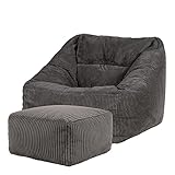 Icon Natalia Sitzsack Sessel mit Hocker für Erwachsene, Dunkelgrau, Flauschiger Cord Stoff, Riesen Sitzsack Cord mit Füllung, Bean Bag Chair, Bequemer Sessel Wohnzimmer, Lounge, Schlafzimmer, Büro