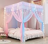 Mengersi Regenbogen-Betthimmel-Vorhänge mit Lichtern – Prinzessinnen-Betthimmel für Mädchen – Bettvorhänge – Schlafzimmer-Dekoration, Zubehör, Queen-Size-Bett