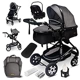 GaGaDumi Florida Kinderwagen 3 in 1 Komplettset mit Autositz - Baby Stroller 3 in 1 TÜV - Kombikinderwagen 3 in 1 Komplettset Voll-Gummireifen - Wickeltasche Grau/Schwarz