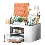 LONNEY Schreibtisch Organizer 5 Fächer Stiftehalter Schreibtisch Tisch Organizer mit Schublade, Multifunktionaler Schreibtisch Organizer für Stifte Büro Zuhause Schule Platzsparendes, Weiß