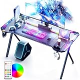 Dowinx Gaming Tisch mit LED, RGB Gaming Computertisch mit Kohlefaser-Oberfläche, LED Gaming Schreibtisch mit Fernbedienung, Gamingtisch mit Tassenhalter und Kopfhörerhaken, 120cm, Schwarz