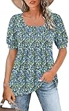 WNEEDU Tshirt Damen Sommer Bluse Kurzarm Quadratischem Ausschnitt Oberteile Damen Sommer Tunika T-Shirt Plissee Tops mit Puffärmel Lässige Flowy Elegant Blaugrüne Blumen L