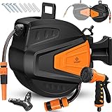 KESSER® Schlauchtrommel Wasser 20+2m Schlauchaufroller Inkl. 2-Wege-Verteiler + Multi-Handbrause Wasserschlauchtrommel Automatik | 180° Schwenkbar | Wandhalterung | Gartenschlauch | Orange