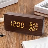 Digitaler Wecker, verstellbare Helligkeit, Nachttischuhr aus Holz mit Thermometer und Hygrometer, Typ-C wiederaufladbar, für Zuhause, Schlafzimmer, Büro