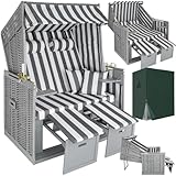 tectake® Strandkorb, Strandkorb Ostsee 2-Sitzer, verstellbare Rückenlehne, Volllieger mit Fußbänkchen und Seitentische, inkl. Schutzhülle & Kissen, Ideal für Balkon, Garten und Terrasse - grau/weiß