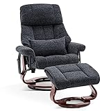 M MCombo Relaxsessel mit Hocker, Drehbare Fernsehsessel mit Liegefunktion, Moderner TV-Sessel Stuhl für Wohnzimmer, mit Kissen & Seitentasche, ohne Massagefunktion, Stoff, 9066 (Dunkelgrau)