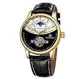 Yoodeet Echtes Leder Automatik Mechanische Armbanduhr Männer Edelstahl Skeleton Automatische Uhren für Männer Schwungrad Kalender Uhr Gold Schwarz