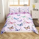 Loussiesd Mädchen Einzelbett Bettbezug Set Schmetterling Bettwäsche Set 135x200cm mit 1 Kissenbezug Lila Glitzer Floral Print Wendebettwäsche Set